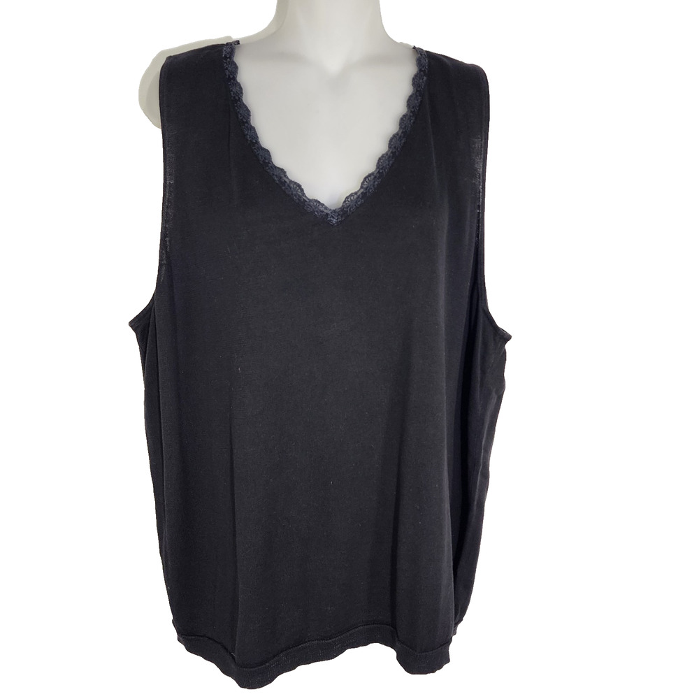 Lane Bryant Womens Top Size 22/24 Silk Cotton Black Lace Trim V Neck Sleeveless